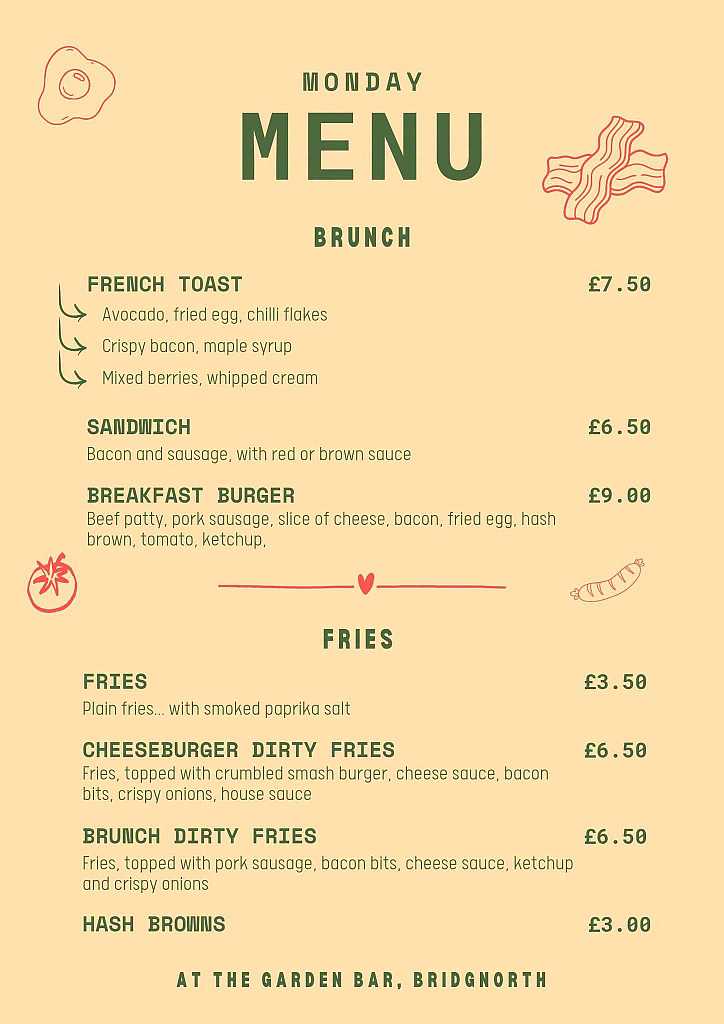 Brunch menu Bank Holiday Monday